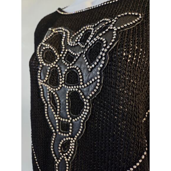 Nannell Sweater Black Tunic Womens M Embellished Rhinestones Rayon Wool Blend - Picture 3 of 9